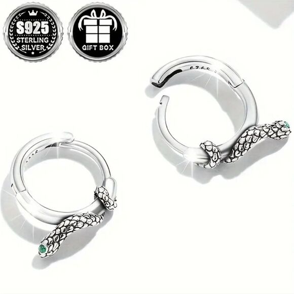 925 Silver Snake Hoop Earrings with Green Accents - Picture 5 of 5